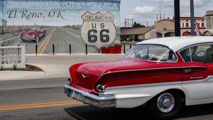 A Chevrolet Biscayne cruises along the historic Route 66 in El Reno, Oklahoma. Image: Heather Diehl/Getty