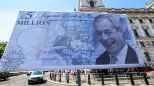 Protesters opposite the Houses of Parliament the day after the Nigel Farage resignation triggers the Clacton by-election. Photo: Matthew Chattle/Future Publishing via Getty Images