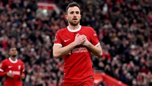 Diogo Jota celebrates after scoring for Liverpool against Norwich City at Anfield,  January 2024. 
Image: Andrew Powell/Liverpool FC/Getty