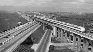 The 155mph Super Limited Express, ‘Hikari’ speeds from Tokyo to Osaka on the Tokaida line, 1965. Image: Bettmann/ Getty