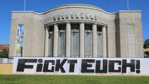 The Volksbühne in Berlin, the banner reads “Fickt euch!” (“you get that”) directed at the right. Image: Getty