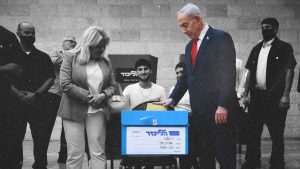 Benjamin Netanyahu and his wife, Sara, cast their ballot at his party Likud's main polling station during primary elections ahead of Israel's general election. Photo: Ohad Zwigenberg / POOL / AFP via Getty Images. Image design: TNW/Getty