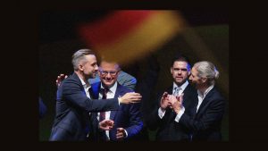 Ulrich Siegmund AfD's main candidate in the Saxony-Anhalt state election, reacts with AfD co-leaders Alice Weidel and Tino Chrupalla following Saxony-Anhalt's state elections in Magdeburg, Germany.  Photo: Ronny HARTMANN / AFP via Getty Images. Image design: TNW