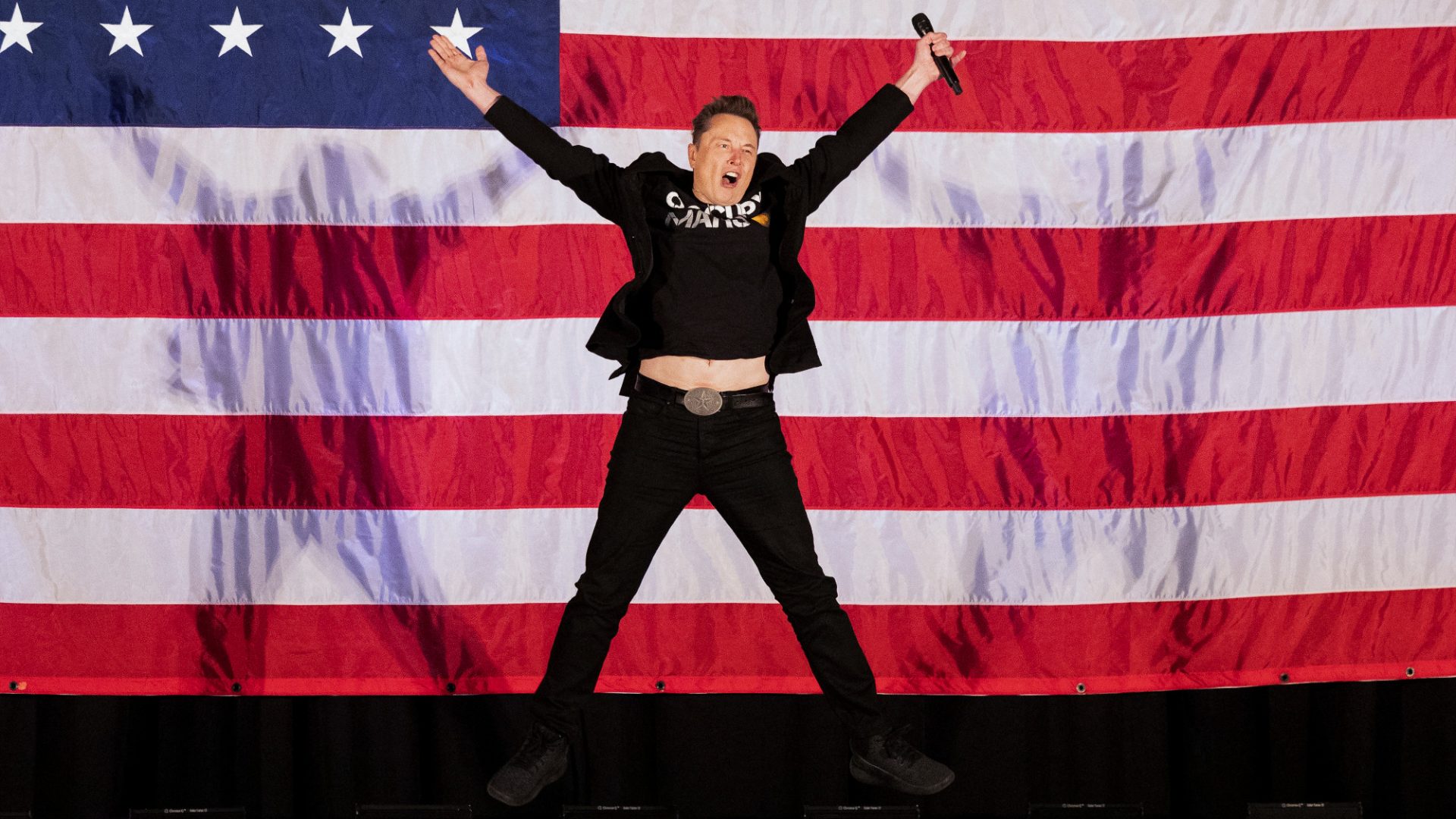 Elon Musk on stage at an event in support of then presidential candidate Trump in Pennsylvania, October 2024. Image: Ryan 
Collerd/AFP/Getty