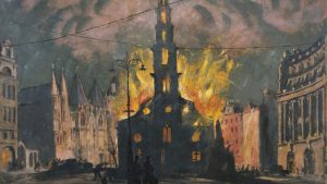 Henry Carr, St Clement Danes Church on Fire after being Bombed, 1941. Image: Imperial War Museum