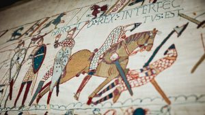 The scene depicting King Harold's death on the Bayeux Tapestry. Image: Adrian DENNIS / AFP via Getty Images