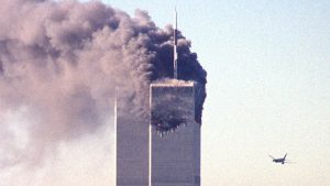 A hijacked commercial plane approaches the World Trade Center on September 11, 2001, shortly before crashing into it. Photo: SETH MCALLISTER/AFP