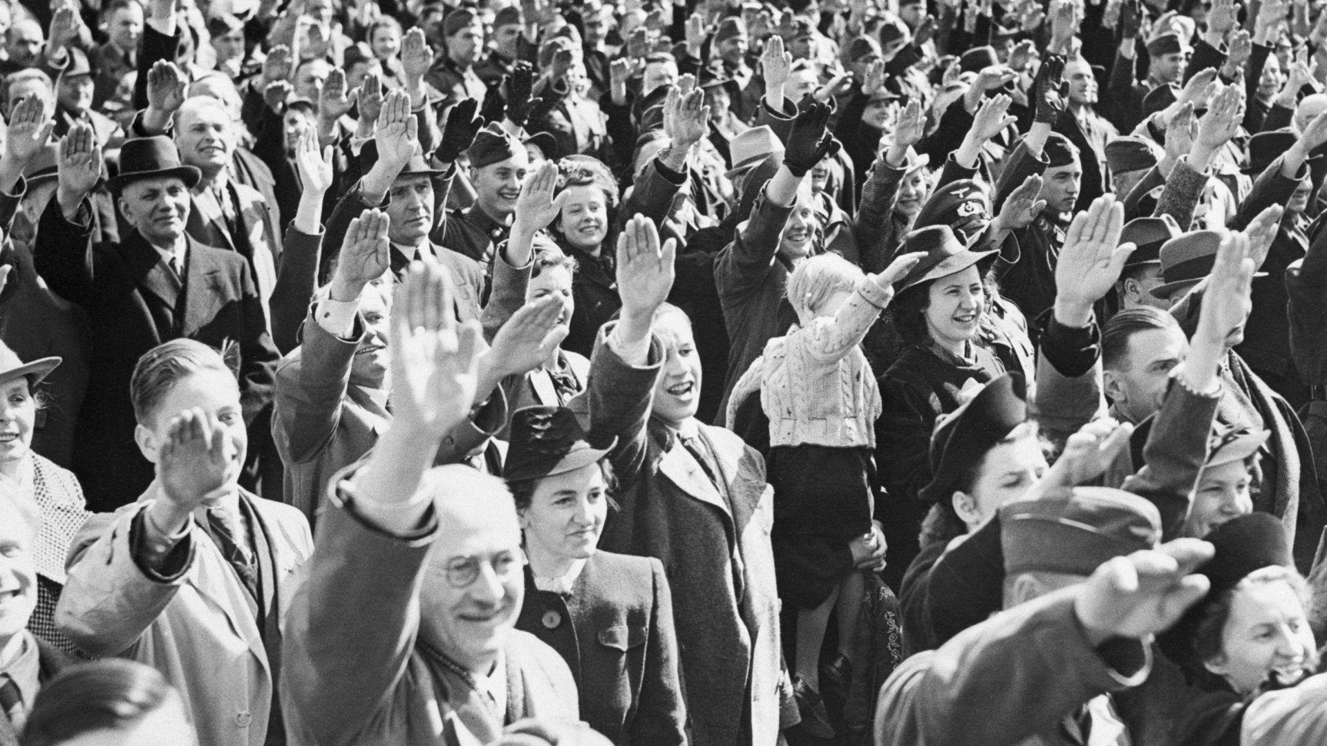 Germans cheer Adolf Hitler on his 51st birthaday as he stands on the balcony of the Reich Chancellory. Image: Getty