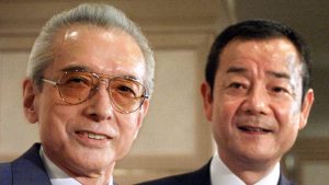 Nintendo president Hiroshi Yamauchi, left, with Konami president Kagemasa Kozuki in Tokyo in 1999. Image: Toru Yamanaka/AFP/Getty