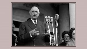 Charles de Gaulle gives a speech at the French Embassy during a state visit to Buenos Aires, 1964. Image: Eduardo Comesaña/Getty