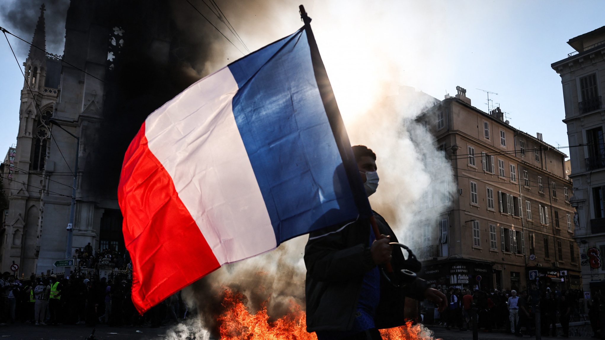 'Every image of black-clad, masked hordes roaming French cities does Le Pen's campaigning for her.' Photo: Thibaud MORITZ / AFP via Getty Images