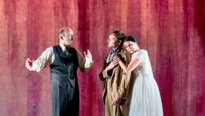 Rory Kinnear, left, as John Maynard Keynes in The Standard of Living, with co-stars Thomas Flynn and Natalia Osipova. Image: Manuel Harlan