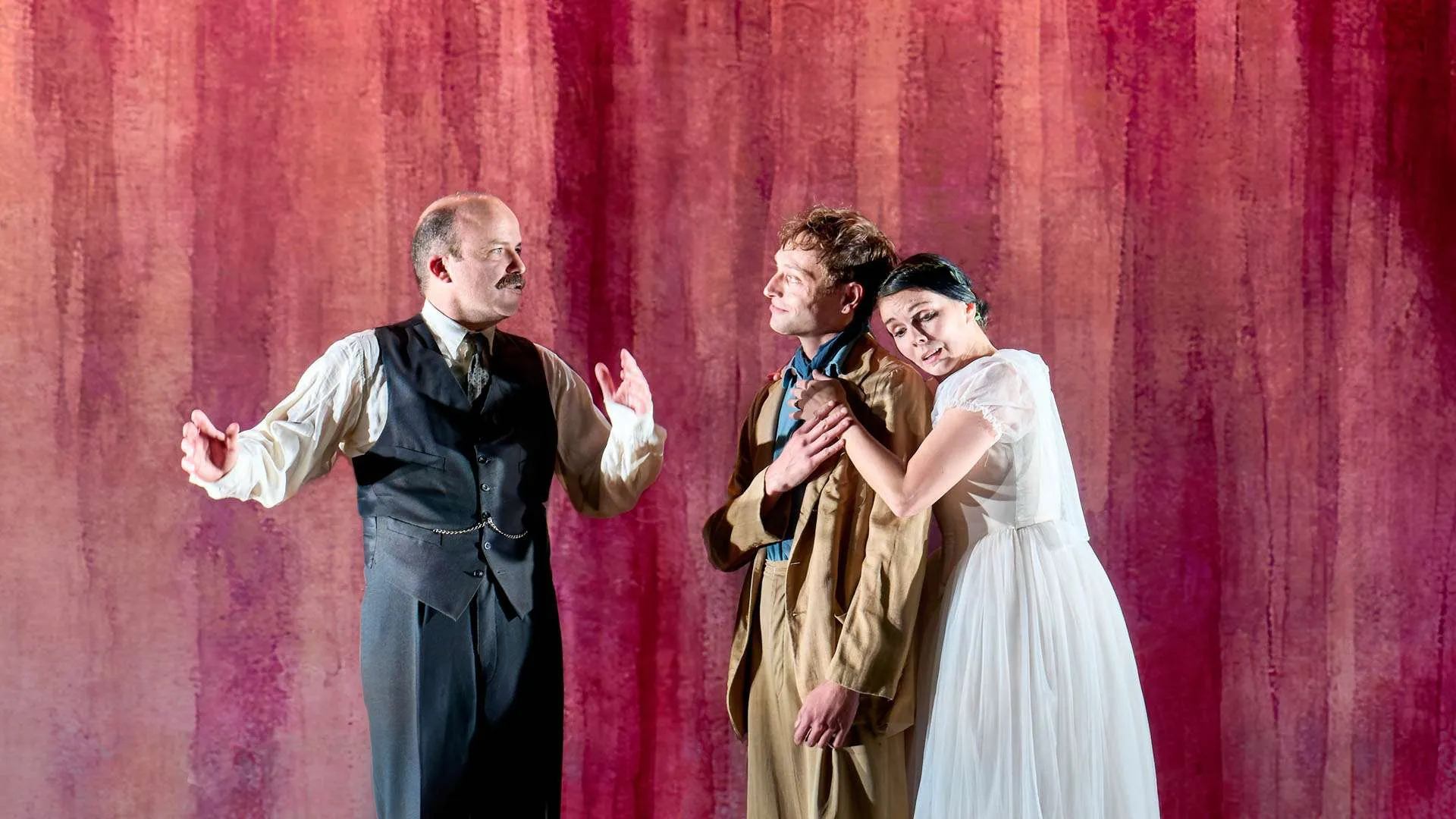 Rory Kinnear, left, as John Maynard Keynes in The Standard of Living, with co-stars Thomas Flynn and Natalia Osipova. Image: Manuel Harlan
